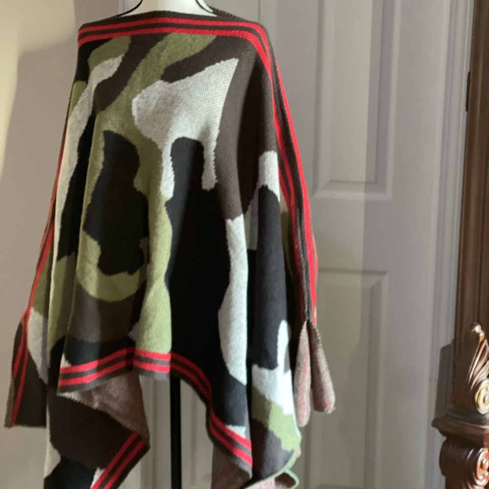Camouflage Poncho with Red Accents